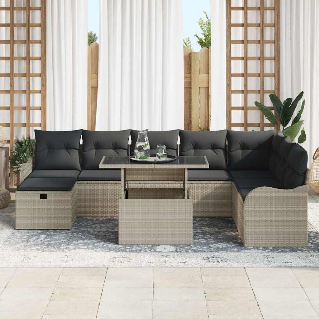 Garten-Sofa-Set mit Kissen 9 pcs Hellgrau Poly Rattan